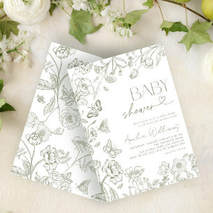 Convites Chinoiserie Vintage Floral Sage Chá de fraldas Ver