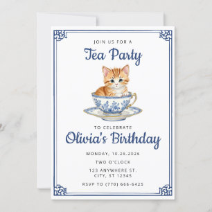 Convites Chinoserie Kitten Watercolor Tea Party Aniversário