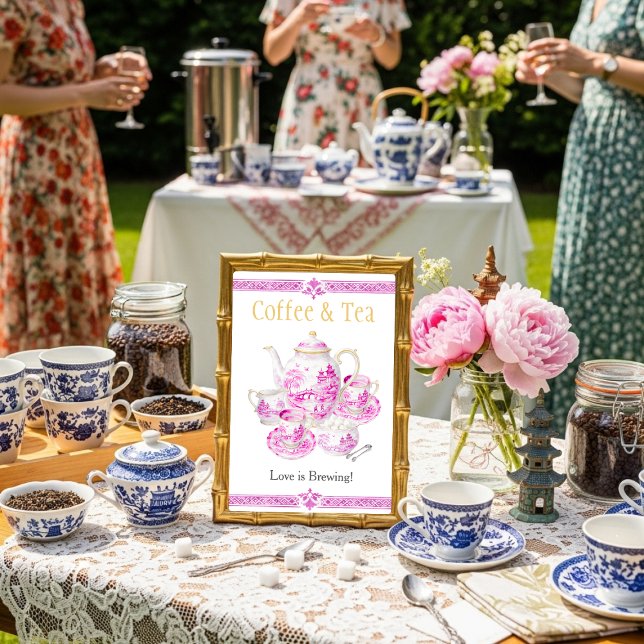 Convites Chinosierie Pink Coffee & Tea Love is Brewing Sign (Chinosierie Pink Coffee & Tea Love is Brewing Sign)