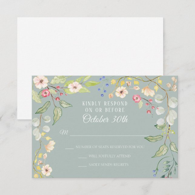 Convites Chintz Silver Sage Blush Watercolor RSVP (Frente/Verso)