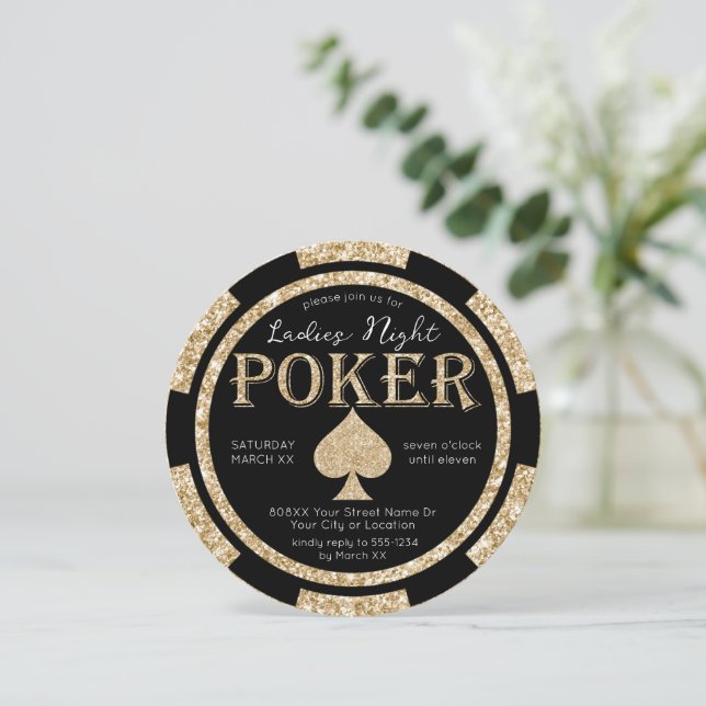 Convites Chip de Poker Noturno das Damas Douradas e Negras (Em pé/Frente)