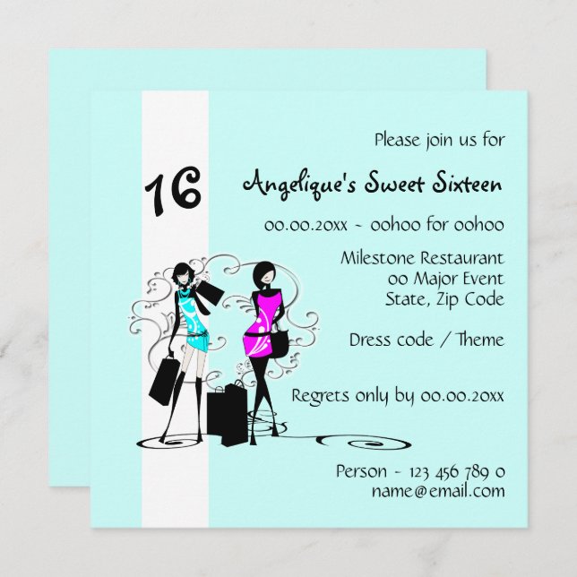 Convites Chique azul do modelo de forma | do doce dezesseis (Frente/Verso)