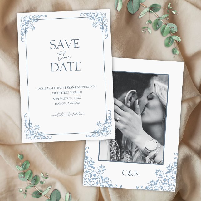 Convites Chique Azul e Branco Mínimo Salvar a Data (Elegant blue and white save the date for wedding announcement with photo, minimalist monogram theme)