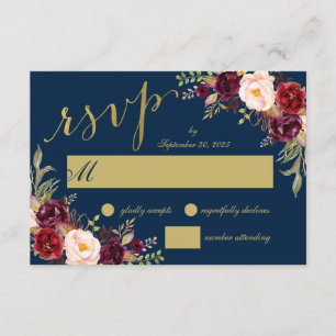 Convites Chique Burgundy Floral Azul Marinho Dourado RSVP C