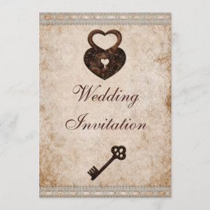 Convites Chique Damask Heart Lock and Key Wedding (Bloqueio