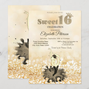 Convites Chique Elegante Bailarina Bokeh Dourado Sweet 16