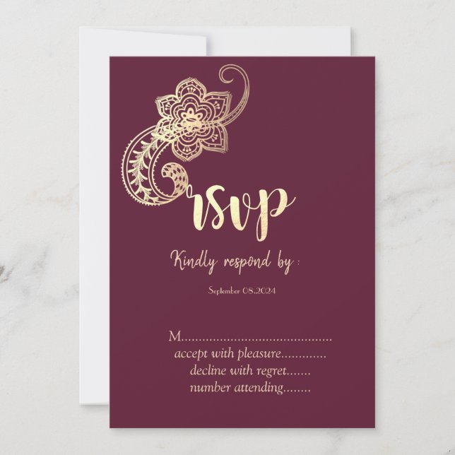 Convites Chique Elegante Dourado Paisley RSVP    (Frente)