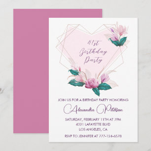 Convites Chique Elegante Rosa Floral 41º aniversário