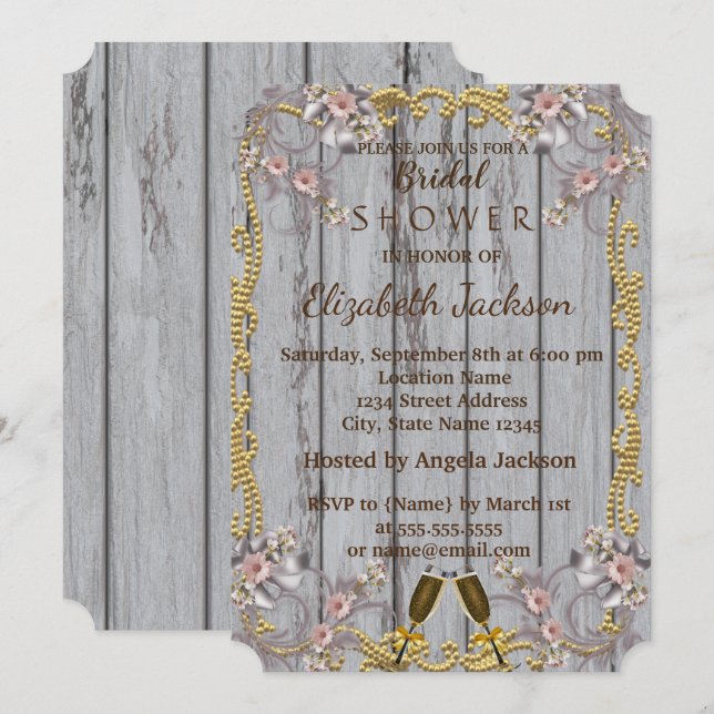 Convites Chique Elegante Textura de Madeira  Chá de Noiva (Frente/Verso)