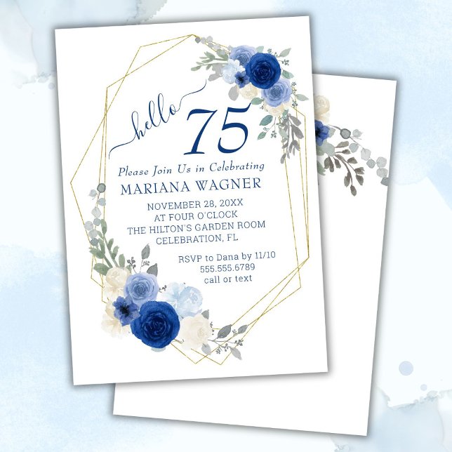 Convites Chique Feminino Azul Marinho Floral 75º Aniversári (Criador carregado)