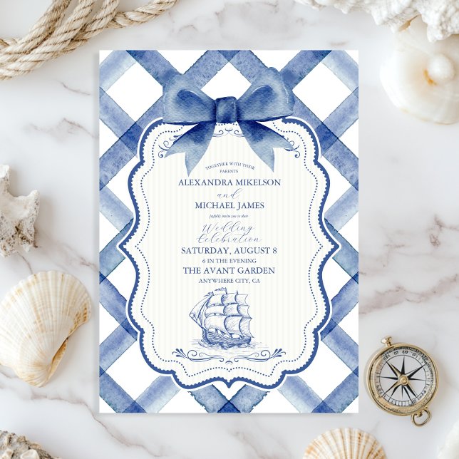 Convites Chique Laço Azul Marinho Naval Casamento (Criador carregado)