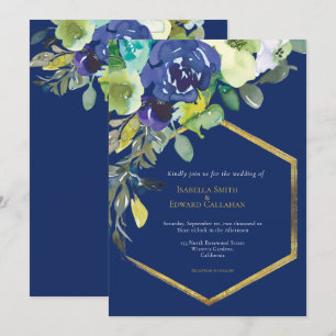 Convites Chique Navy Aquarela Floral Dourado Quadro Geométr