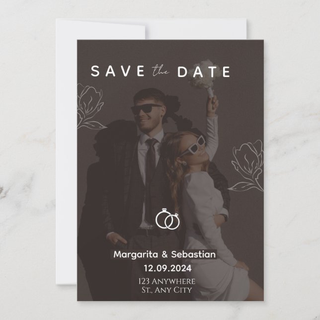 Convites Chique Personalizável Preto com foto save the date (Frente)