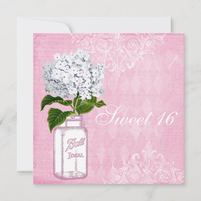 Convites Chique Rosa Jar & Hydrangea Sweet 16 (Frente)