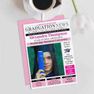 Convites Chique Único Rosa Quente Jornal Grau de Graduado