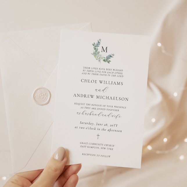 Convites Chloe Simple Elegant Greenery Casamento Cristão Em (Christian wedding invitation with monogram and greenery)