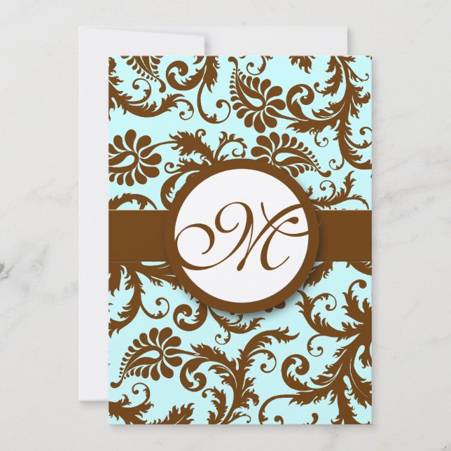Convites Chocolate Brown Damask Aqua (Frente)