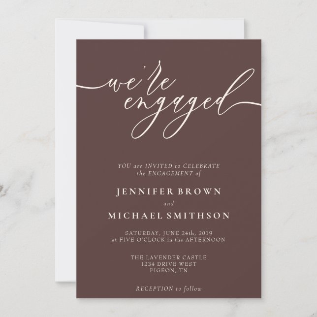 Convites Chocolate Brown Minimal We are Engaged (Frente)