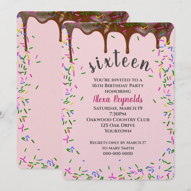 Convites Chocolate com borrão para 16.º aniversário (Frente/Verso)