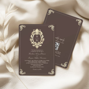 Convites Chocolate Marrom Ouro Barroco Monograma QR Casamen