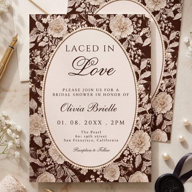 Convites Chocolate Marrom Renda Entrelaçada em Amor Chá de  (Criador carregado)