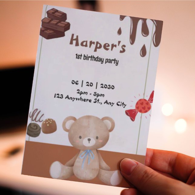 Convites Chocolate, o urso e o doce (Chocolate, the bear, and the candy invitation)