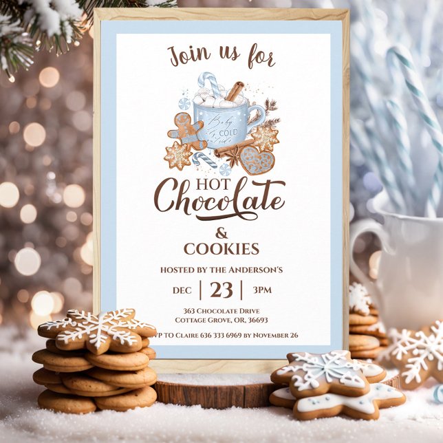 Convites Chocolate Quente E Cookies Azul Natal Moderno (Hot Chocolate And Cookies Blue Modern Christmas Invitation)