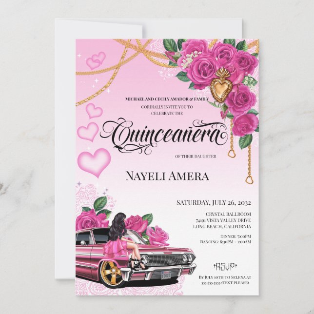 Convites Chola Lowrider Chicana Quinceanera Rosa (Frente)