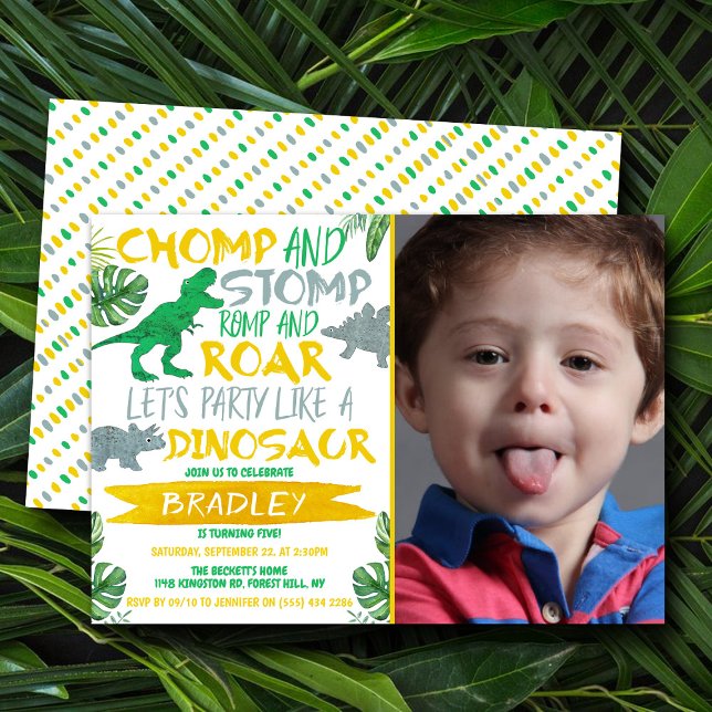 Convites Chomp & Stomp! Dinossauro, qualquer foto de aniver (Criador carregado)