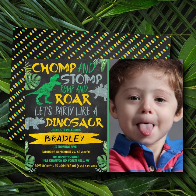 Convites Chomp & Stomp! Dinossauro, qualquer foto de aniver (Criador carregado)