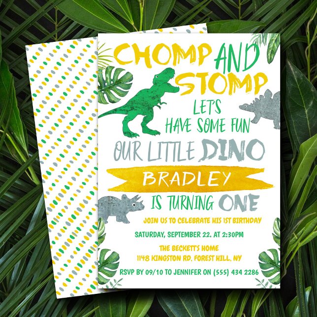 Convites Chomp & Stomp! Primeiro aniversario Dinossauro (Criador carregado)