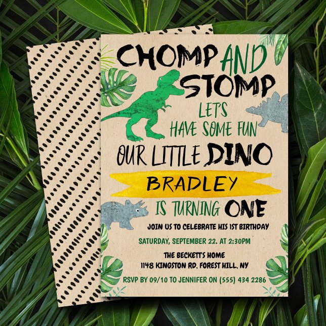 Convites Chomp & Stomp! Primeiro aniversario Dinossauro (Criador carregado)