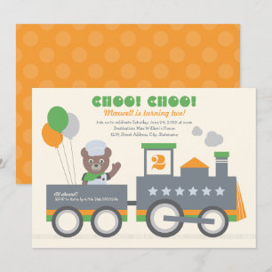 Convites Choo Choo Train Orange Bear Conductor Birthday