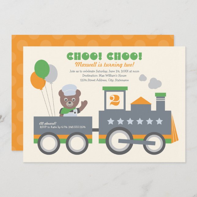 Convites Choo Choo Train Orange Bear Conductor Birthday (Frente/Verso)