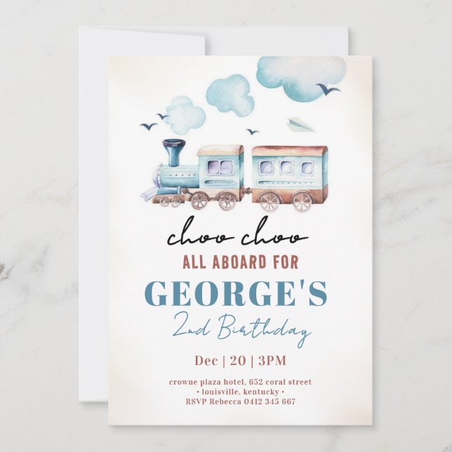 Convites Choo Choo Train Transportation Boy Birthday (Frente)