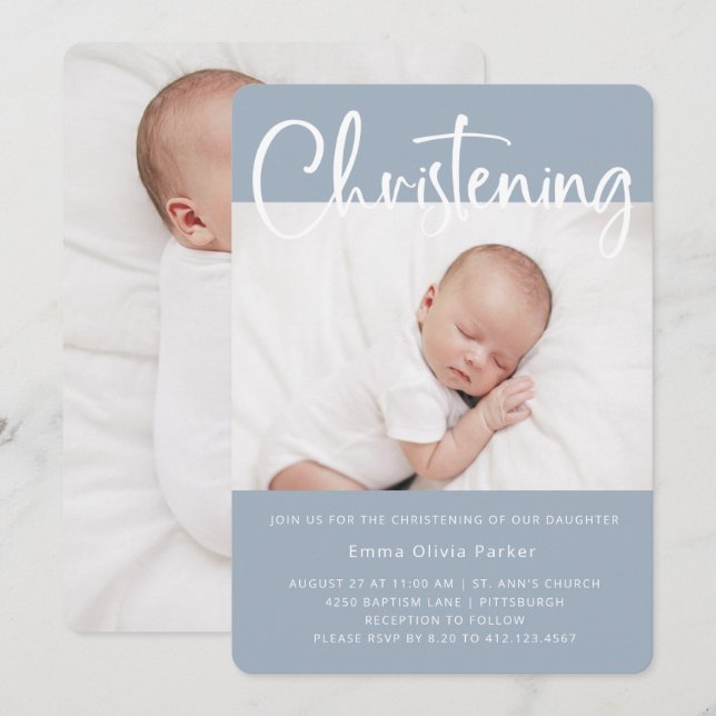 Convites Christening | Azul mínimo simples com duas fotos (Frente/Verso)