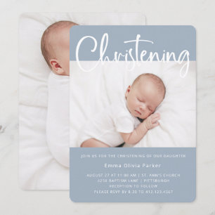 Convites Christening Azul mínimo simples com duas fotos