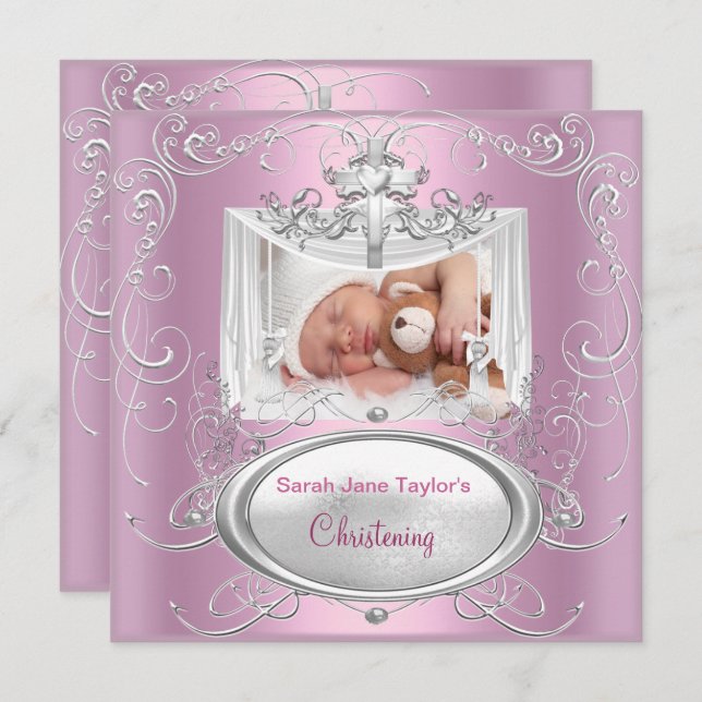 Convites Christening Baptism Baby Girl Silver Cross Rosa (Frente/Verso)