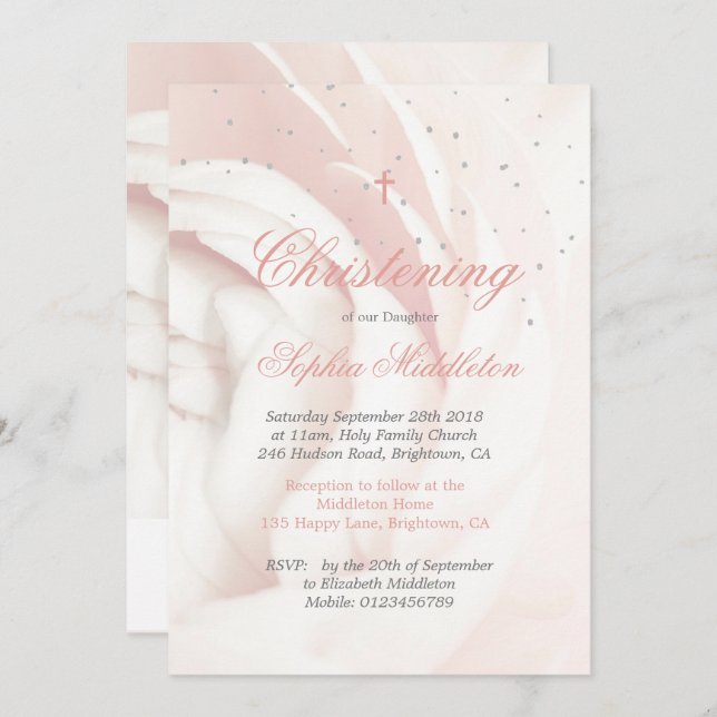Convites Christening Baptism PhoGirl Pink Rose Silver (Frente/Verso)
