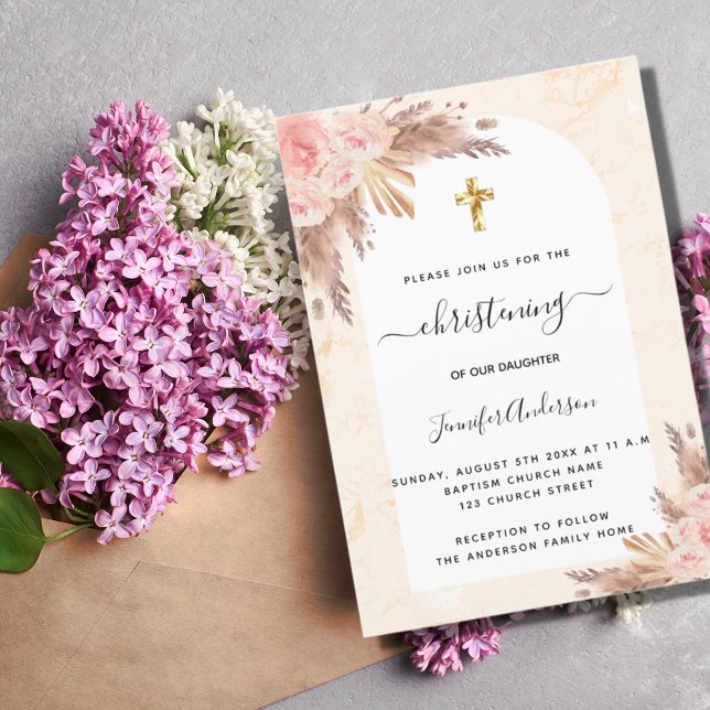 Convites Christening pampas rosa blush marble girl (Criador carregado)