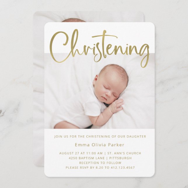 Convites Christening | Simples Dourado mínimo com duas foto (Frente/Verso)