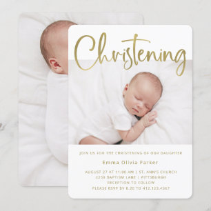 Convites Christening Simples Dourado mínimo com duas foto