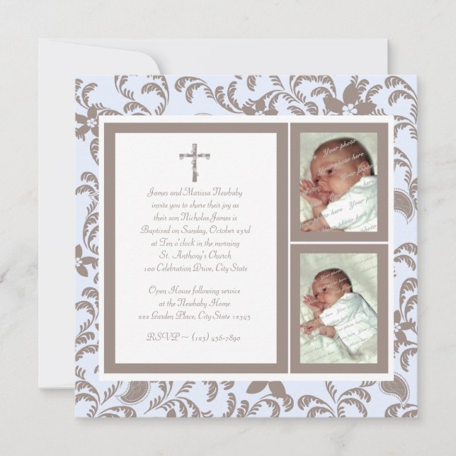 Convites Christening Soft Blue e Brown Paisley Photo (Frente)