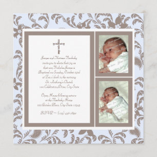 Convites Christening Soft Blue e Brown Paisley Photo