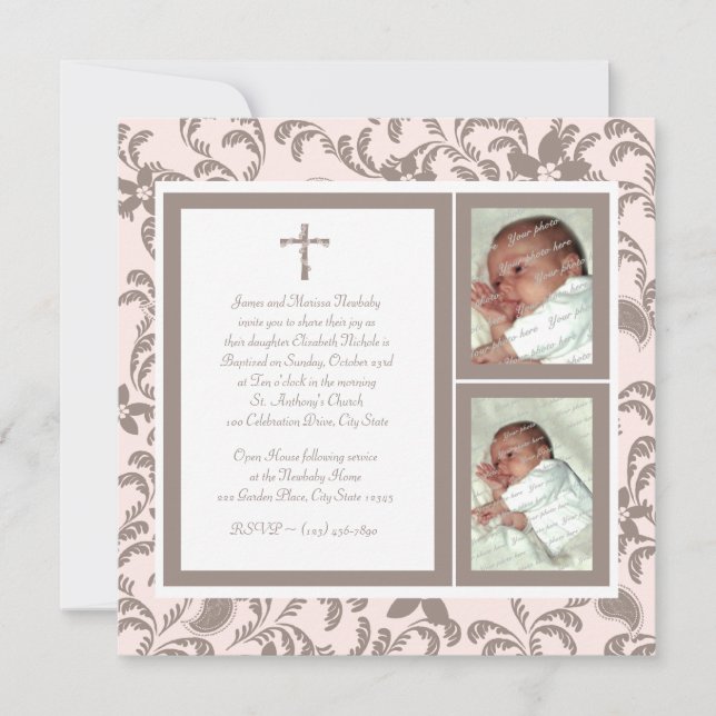 Convites Christening Soft Pink and Brown Paisley Photo (Frente)