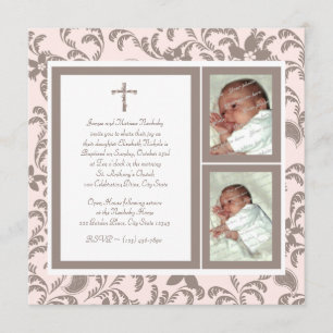Convites Christening Soft Pink and Brown Paisley Photo