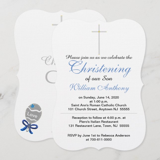 Convites Christening Son Cross Blue Rattle Invants (Frente/Verso)