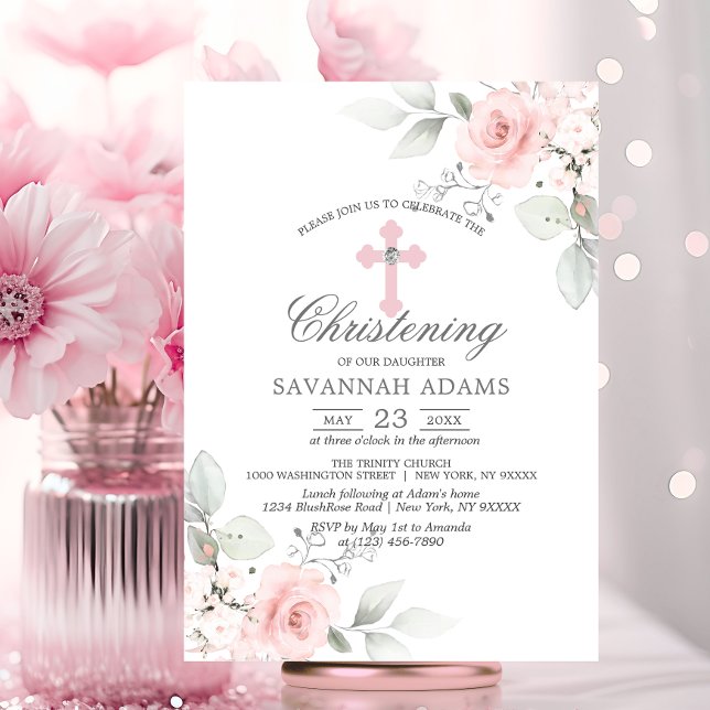 Convites Christening Watercolor Rosa Rose Cross (Christening Watercolor Pink Rose Girl Cross Invitation)