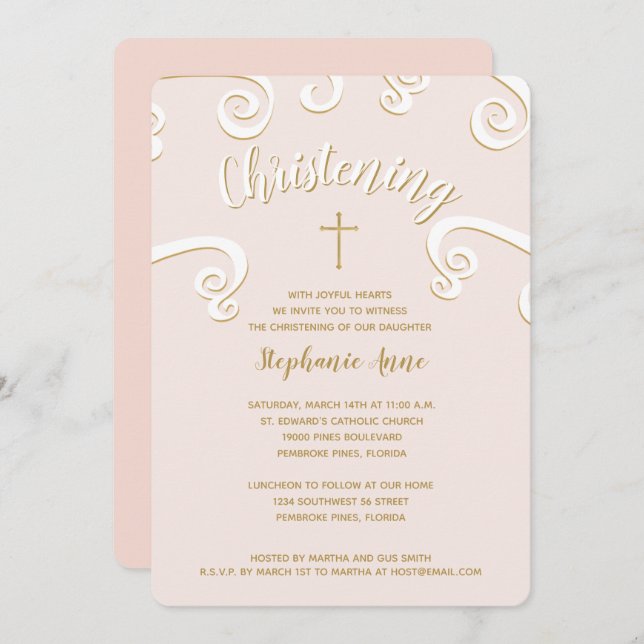 Convites ChristeningScrolls em rosa e Dourado (Frente/Verso)