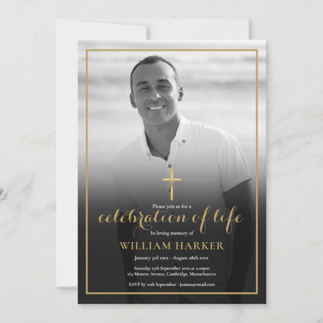 Convites Christian Black and White Photo Funeral (Frente)